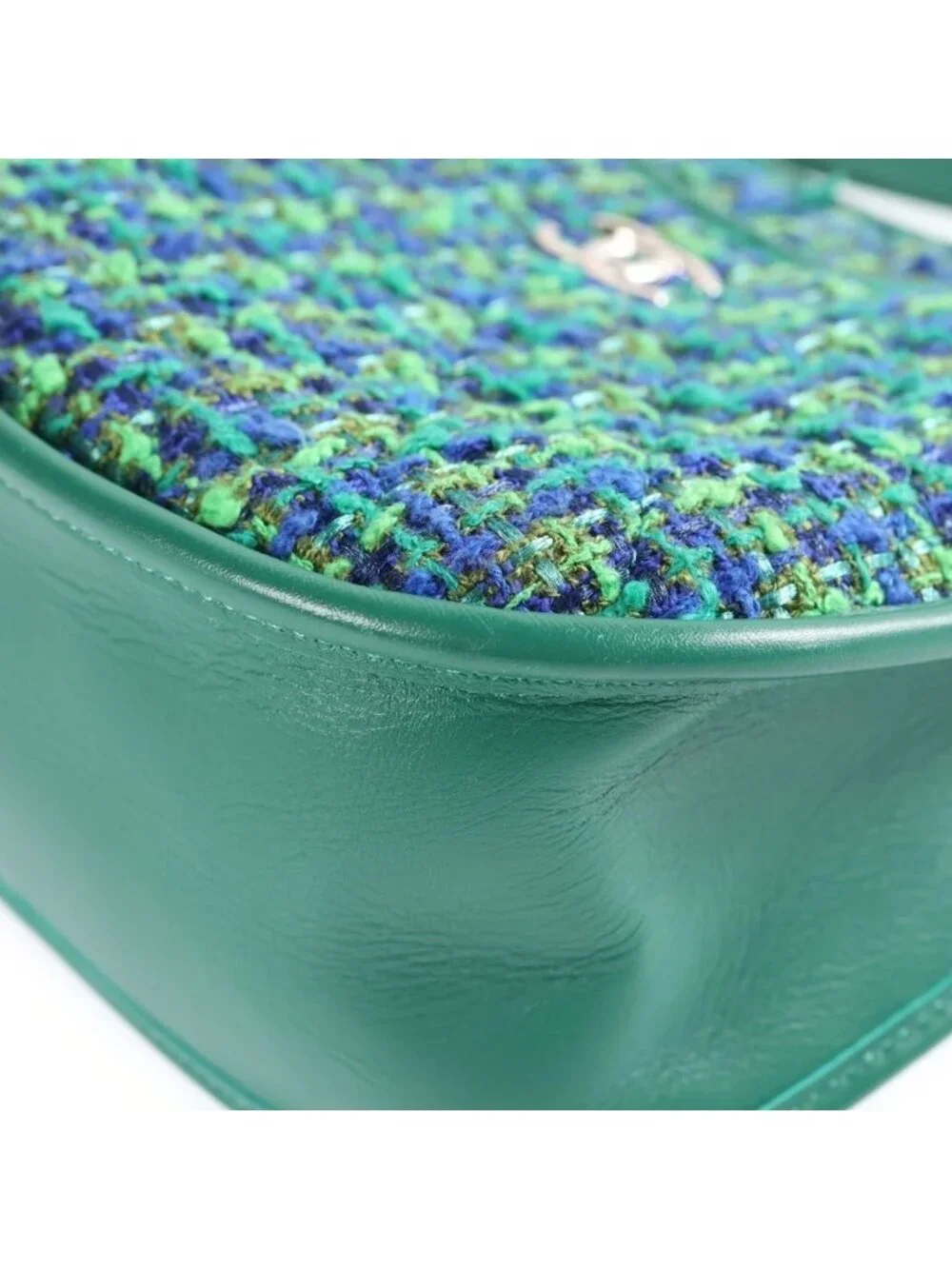 Chanel Quilted Hobo Shoulder Bag Tweed Leather Green Blue Silver